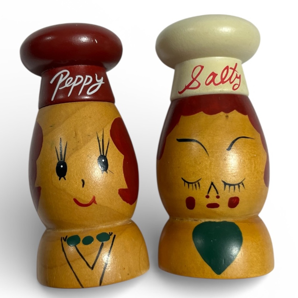Vintage S&P Salty & Peppy Wooden Shakers MCM Handpainted